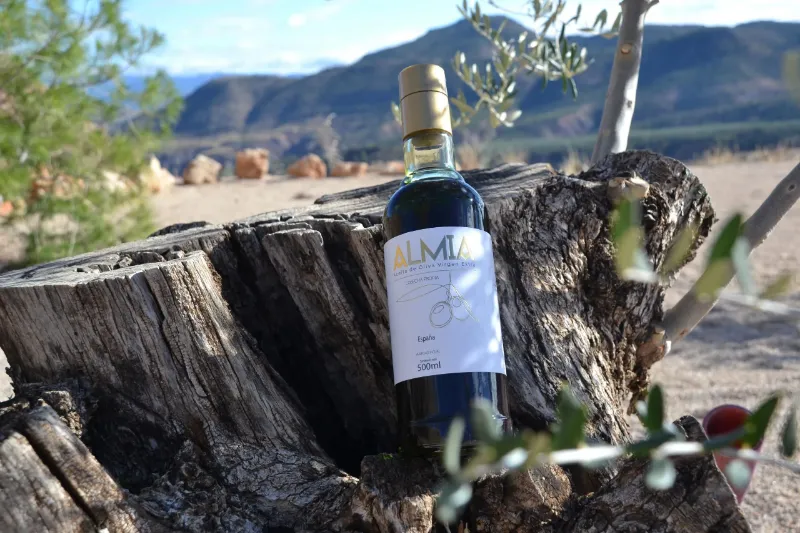Botella de Almia de 500 ml sobre un tocón de olivo, con la sierra al fondo