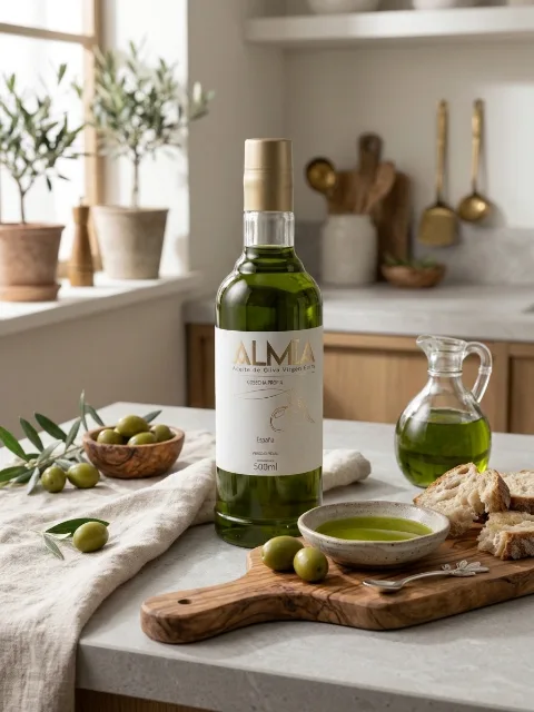 Botella de Almia de 500 ml en la cocina, con pan, aceitunas y un cuenco de aceite