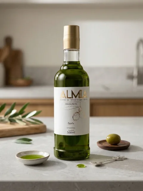 Botella de Almia de 500 ml en una encimera, con un cuenco de aceite y una aceituna